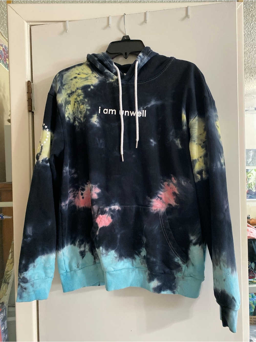 barstool sports Tie-Dye Hooded Sweatshirt - Black with Blue, Yellow, Pink Accent
